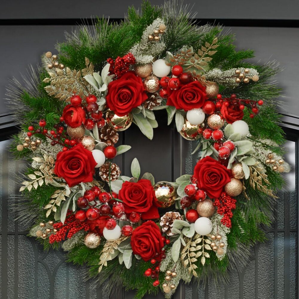 1060 24 Inch Artificial Christmas Wreath for Front Door, Christmas Rose - Picture 8 of 8